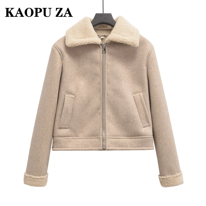 KAOPU ZA 2024 Winter Woman's Chic Turn-down Collar Fleece Outerwear Coat Classic Autumn Woman Long Sleeve Jacket Keep warm Top