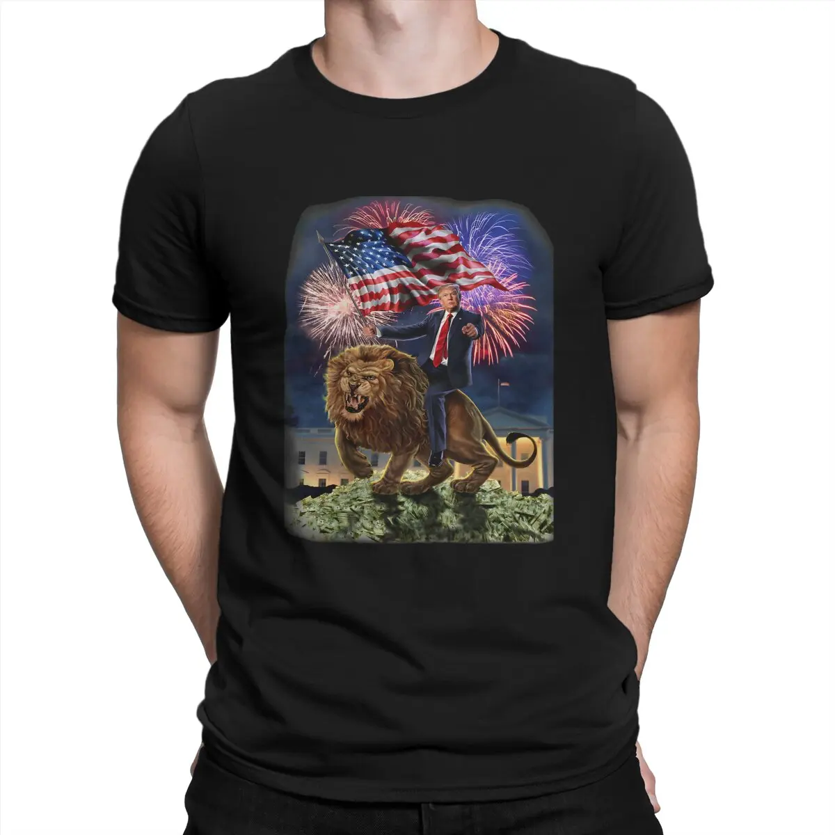 Republican President Donald Trump Riding War Lion Men T Shirt Trump Creative Tees Short Sleeve Crew Neck T-Shirts Cotton Tops