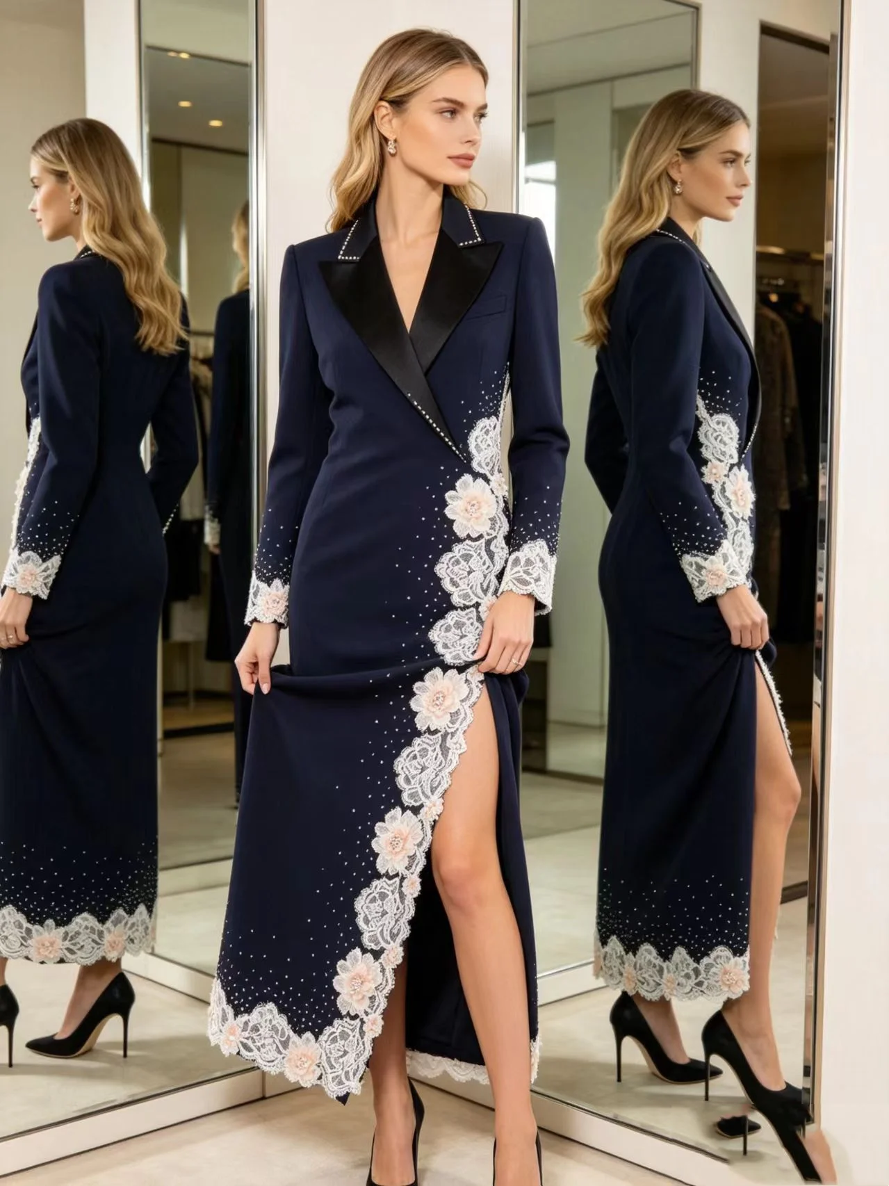 

Black Crystals Women Suit 1 Pcs Long Blazer Prom Dress Cotton Spring Formal Office Lady Jacket Customized Wedding Guest Coat