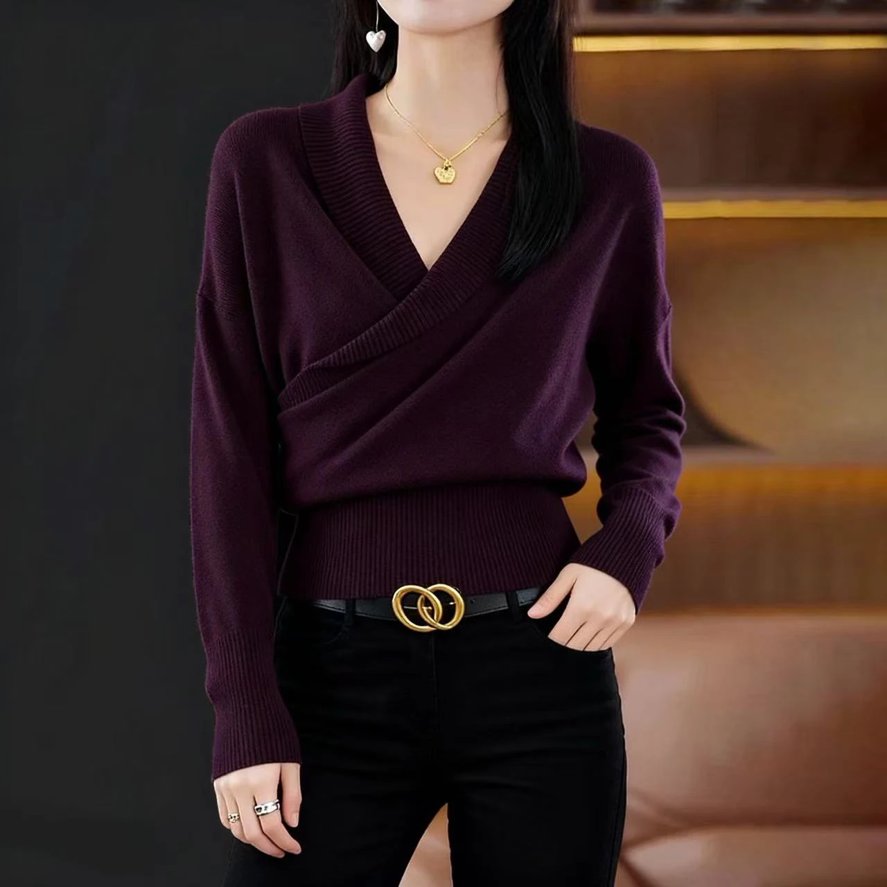 

Женская шерстяная трикотажная кофта с V-образным вырезом и перекрестным дизайном, осенне-зимняя новинка, мягкая, прямого кроя, с длинными рукавами, теплая, для ношения как верхняя или внутренняя одежда