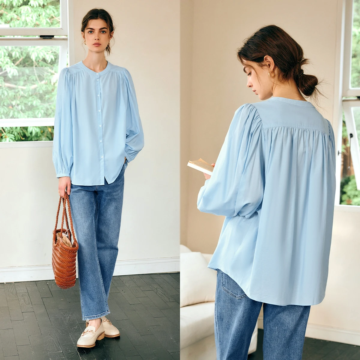 

OLrain Women's Blue Shirt Office Ladies Trend 2026 Spring Button up Lantern Long Sleeve Loose Tops Woman Clothes N57CC96208