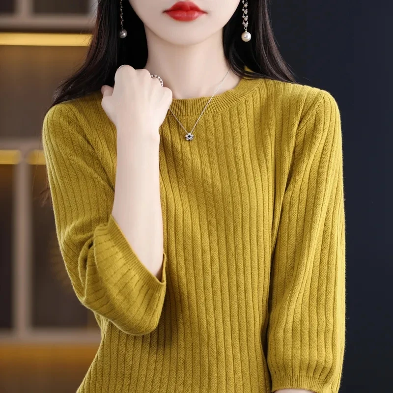 Female Autumn Seven Points Sleeve Knitted Outwear Women Round Neck Sweater Coat 2024 Ladies Pullover Knit Sweater Jacket