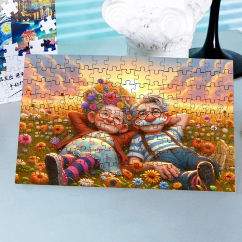 Cartoon Puzzle-High Difficulty Mini 150 Pieces Jigsaw Puzzle Old Couple Puzzle Series Postcard Puzzle Envelope Packaging