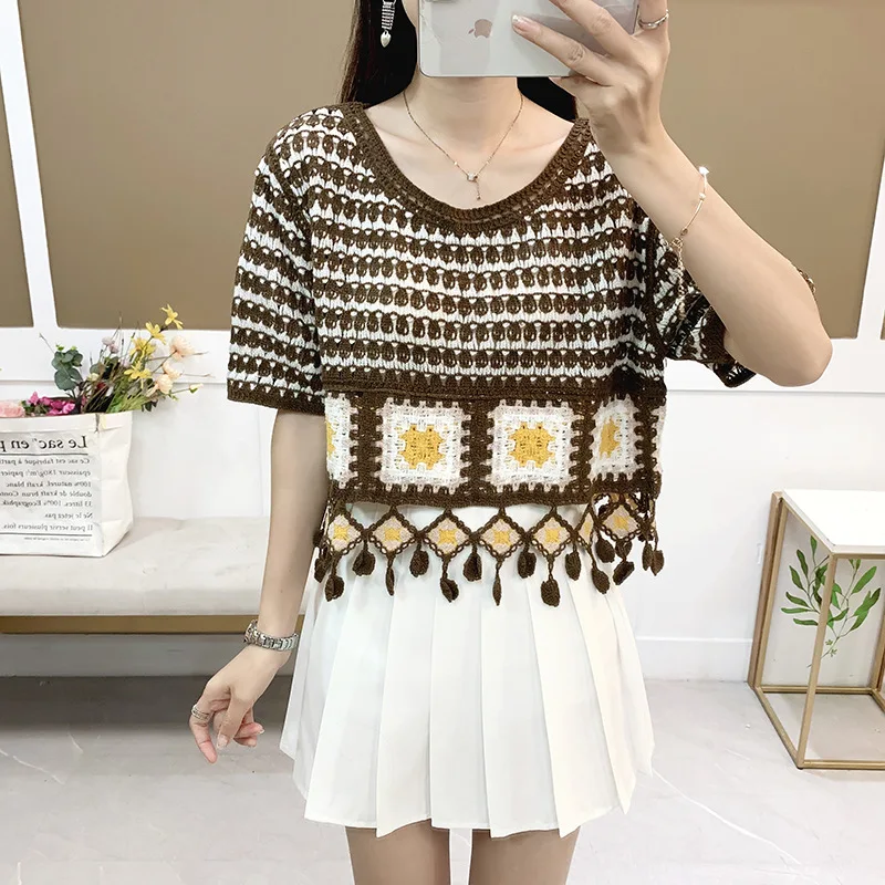 Retro Tassel Hollow Knitted Women'S Summer 2024 New Ethnic Style Design Sense Small Cropped Short-Sleeved Top