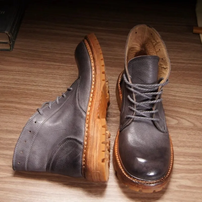 Handmade Distressed Cow Leather High Top Boots Natural Vintage Texture Thick Sole Retro Men Daily Footwear Motorcycle Boots