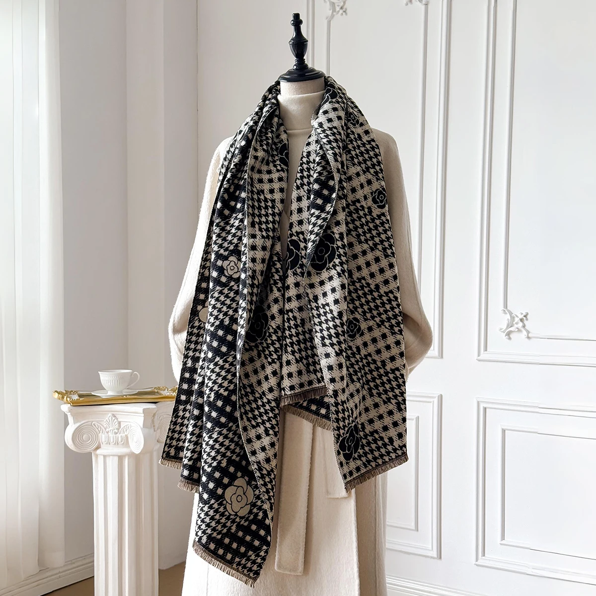 

Luxury Winter Houndstooth Faux Cashmere Wrap Scarf for Women 2025 Pashmina Shawl Blanket-Style Travel Poncho Stole