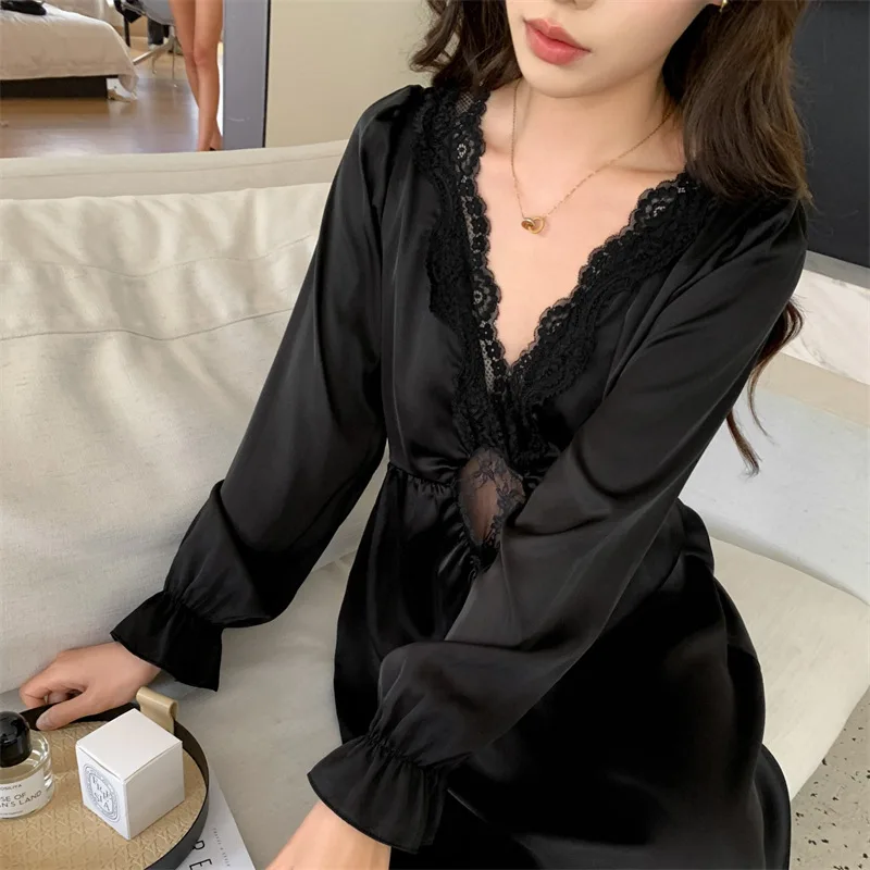 Women Sexy V-Neck Nightdress Spring Summer Long Sleeved Thin Lace Hollow Sleepwear Home Dress Satin Intimate Lingerie Nightgown