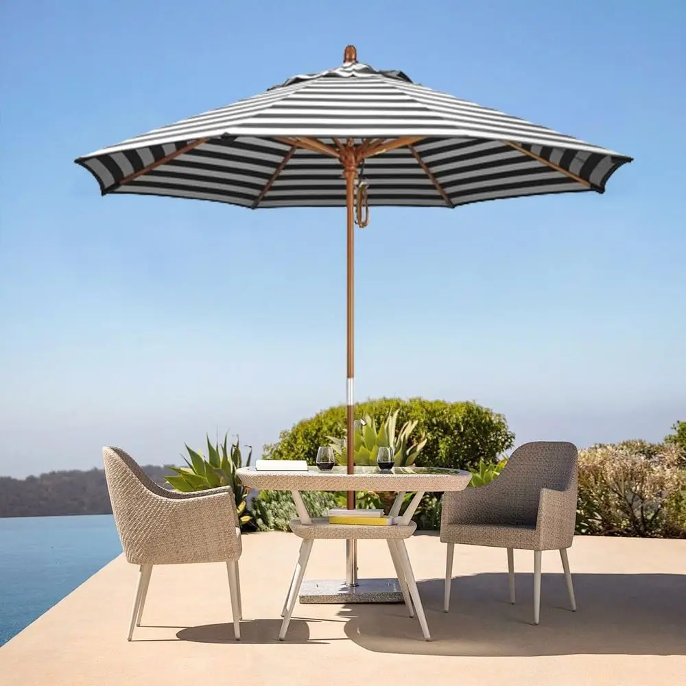 9-Foot Striped Outdoor Patio Umbrella with Pulley Lift and 8 Ribs, Polyester Fabric, for Sun Protection in Garden, Deck, or Pool