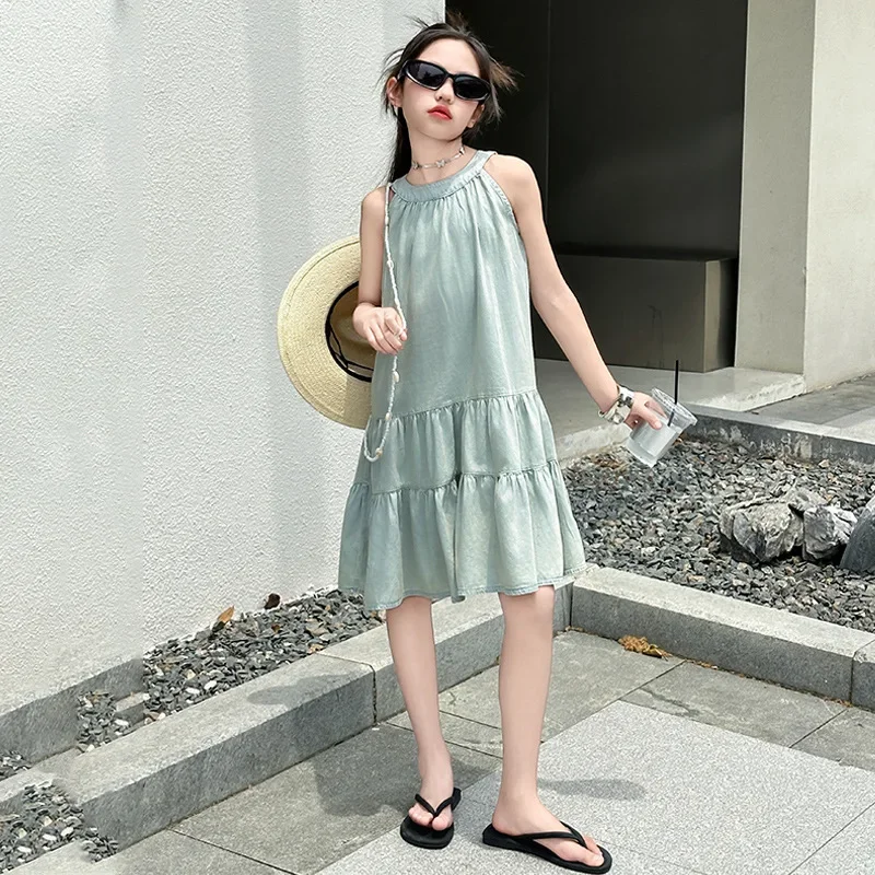 Girls Dress Sleeveless Denim Dress Summer Thin Sundress Girls Sweet Cool Halter Strapless Simple Casual Fashion Skirt Clothes