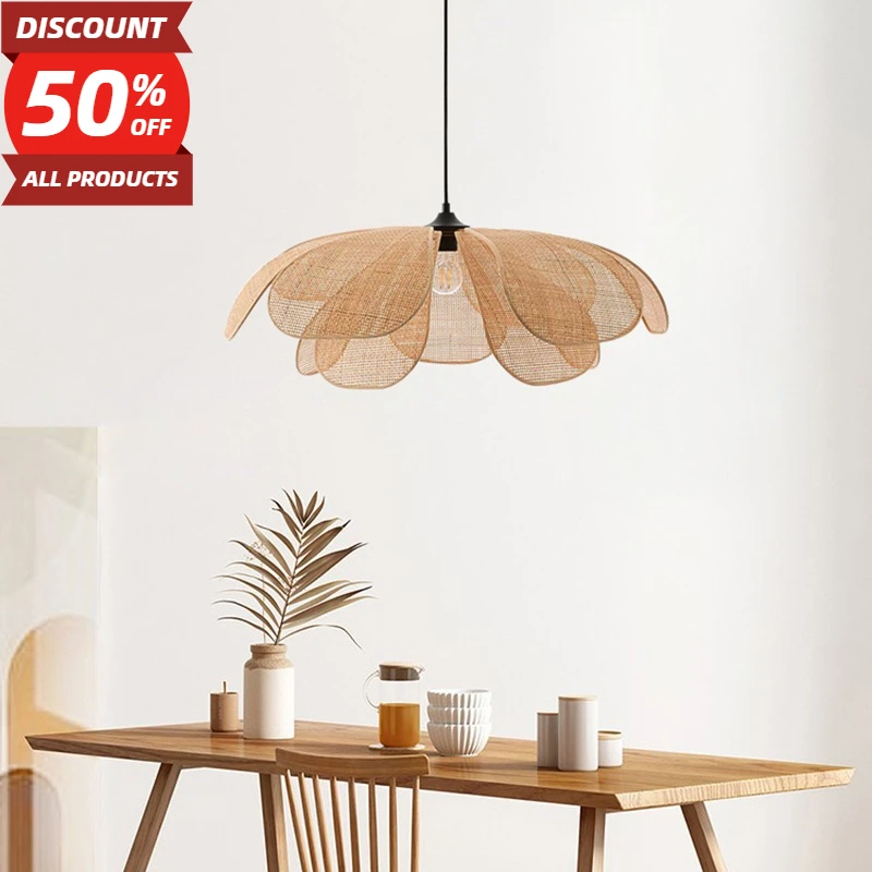 

Japanese Rattan Flower Petal Chandelier Lights Unique Lustre Handmade Woven Pendant Lamp Bedroom Living Room Tea Room Fixture