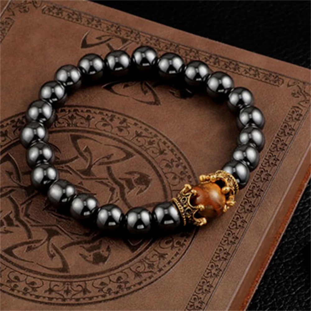 Trendy Personality Nature Stone Bracelets For Men Vintage Crown Symbolic Power Hematite Ore Beaded Bracelets Gifts For Friend