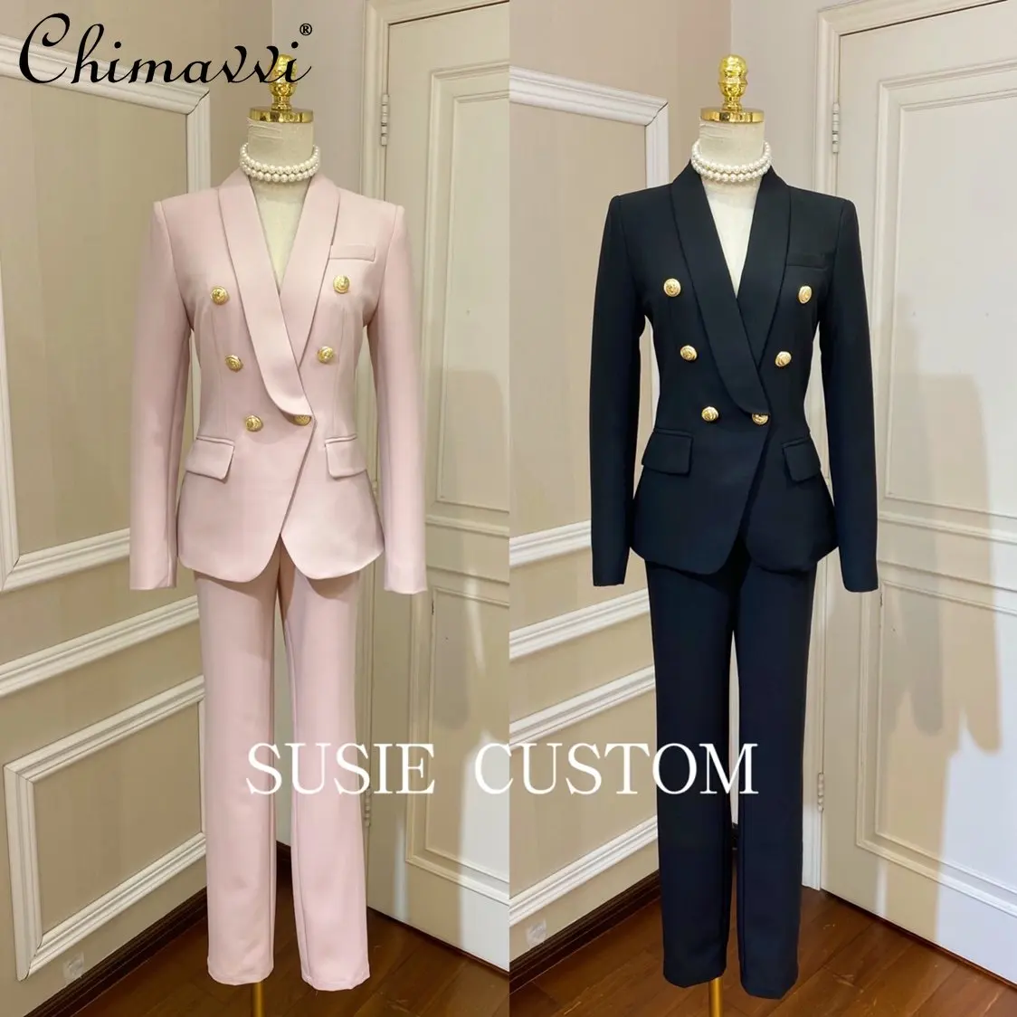 High-End Commuter Set Women's Heavy Industry Metal Buckle Lapel Slim Fit Long Sleeve Suit Coat High Waist Pants Two-Piece Sets