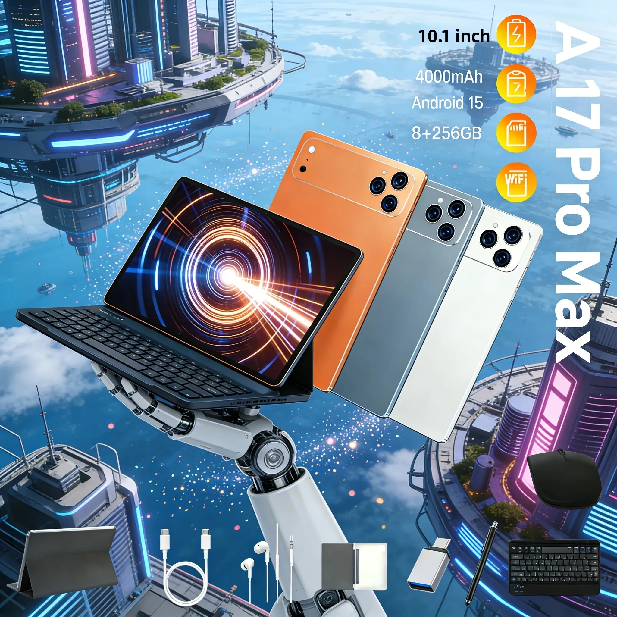 A17 Pro Max Android Tablet 10.1" FHD 8+256GB 4000mAh Large Capacity Battery Wi-Fi Bluetooth GPS Student Tablet