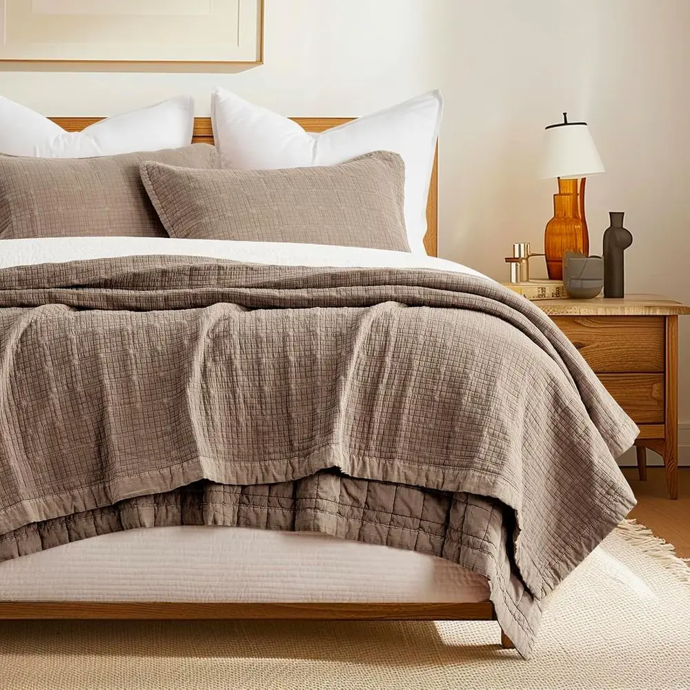 

Cotton Quilt Set King Size, Oversized Bedspread Coverlet, Lightweight Crinkle Box Stitch Bedding, All Season, 2 Shams, Mocha Bro
