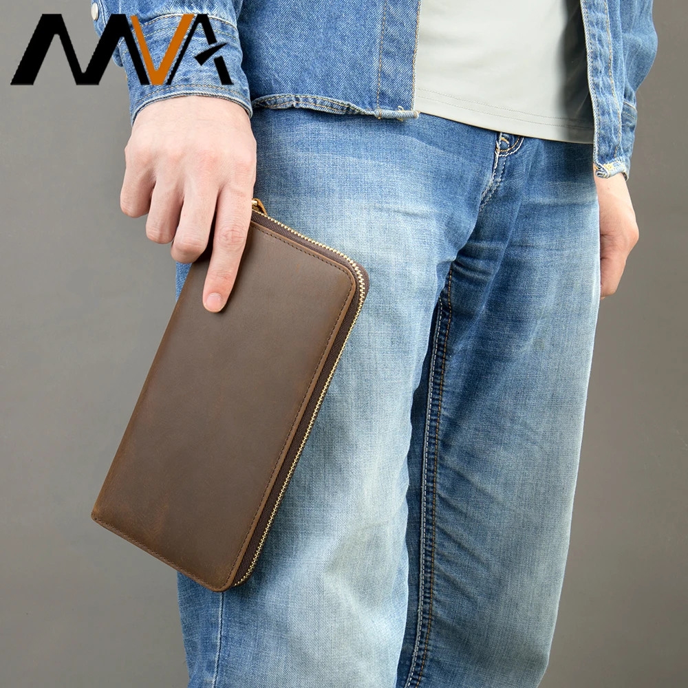 MVA Genuine Leather Wallet Men Zipper Capacity Male Long Money Purse Phone Pocket Card Holder Wallets With Strap New Portfel