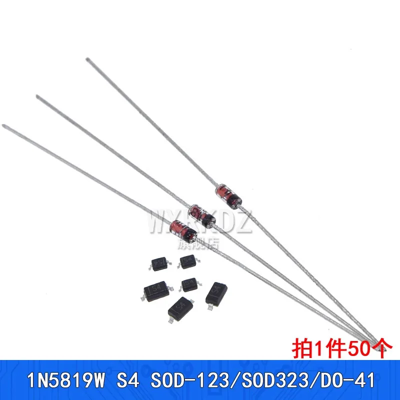 1N5819W Schottky Diode, Silk Screen S4, SMD SOD123/SOD323, Through-Hole DO-41 (50 Pcs)