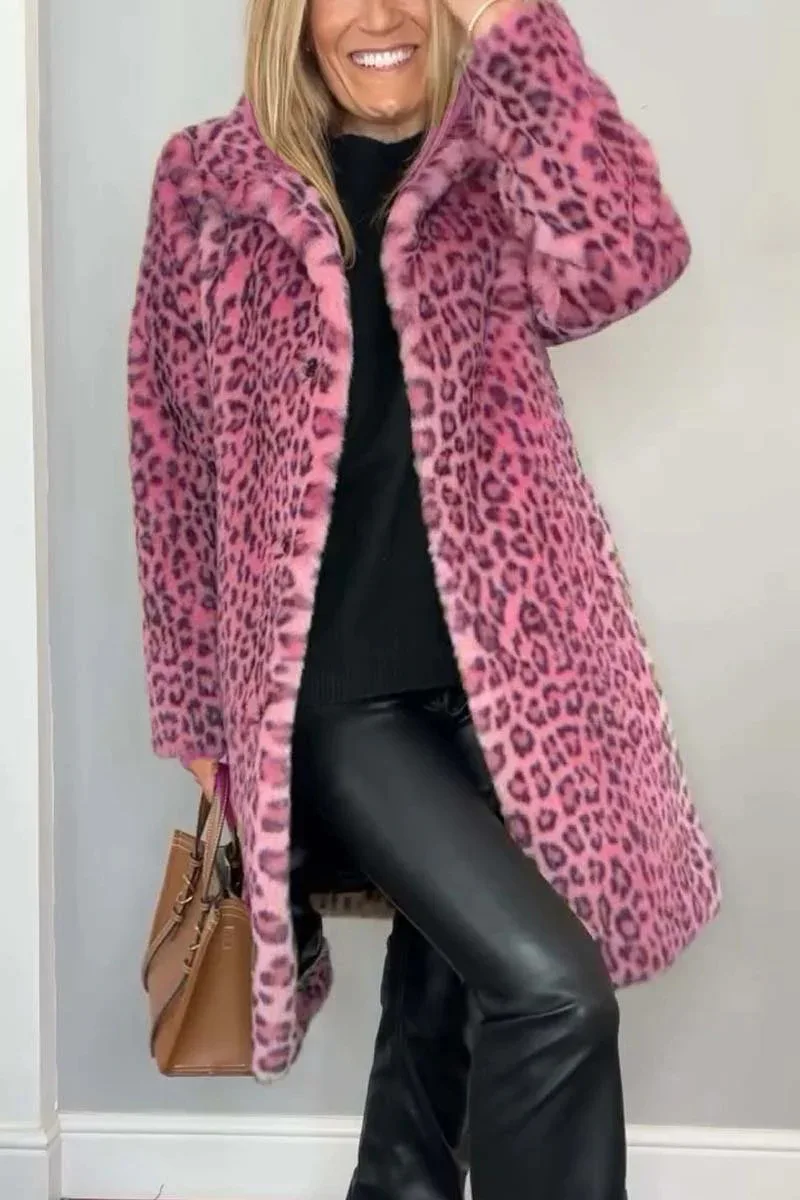 2025 Autumn and Winter Fashion Leopard Print Lapel Faux Fur Women's Long Jacket