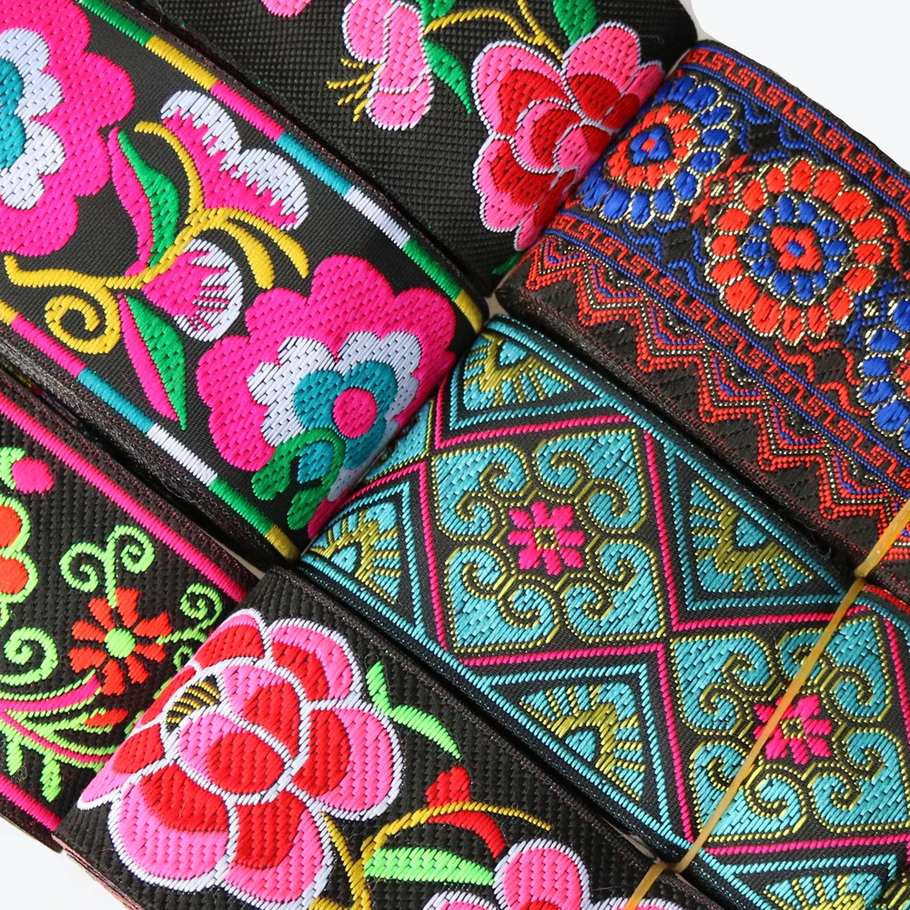 7 Meters 50mm 2 Inch Vintage Ethnic Embroidery Flowers Ribbon Boho Lace Trim DIY Clothes Bag Accessories Embroidered Fabric