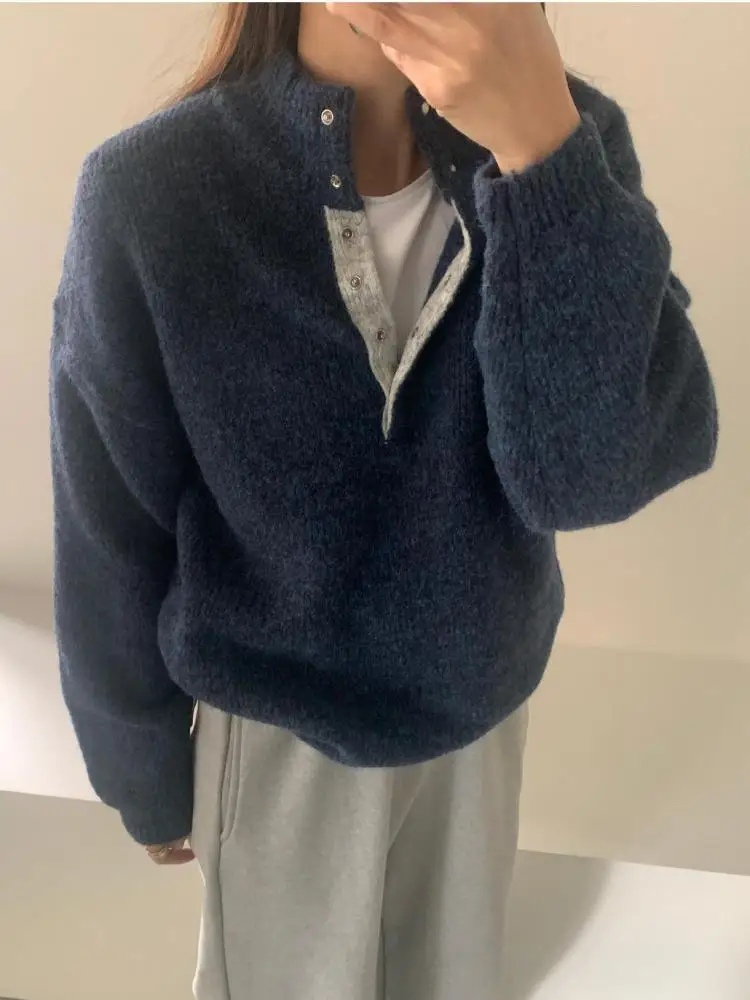 

Korean Solid Patchwork Elegant Knitted Long Sleeved Button Pullover Tops Women New Festival Knit Sweater 2024 Autumn High Street