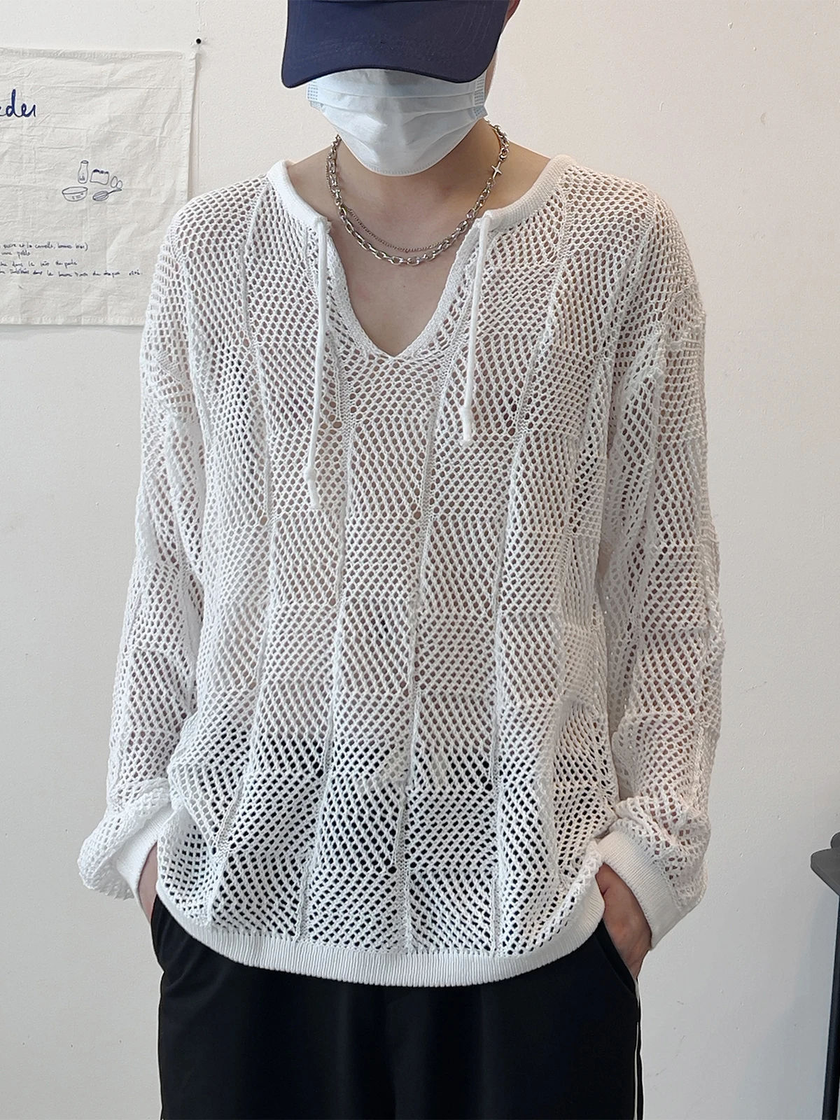 

Men's V-Neck Pullover Hollow out Thin Knitwear Shoulder Drop Sleeves Breathable Loose Fit Casual Top Pure Color Spring Autumn