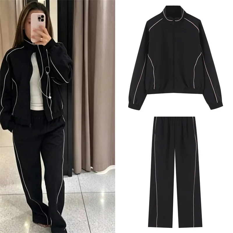 Guobioziy Women's Suit 2026 Early Autumn New Style Fashion Long-Sleeve Stand Collar Color-Block Trim Jacket with Long Pants