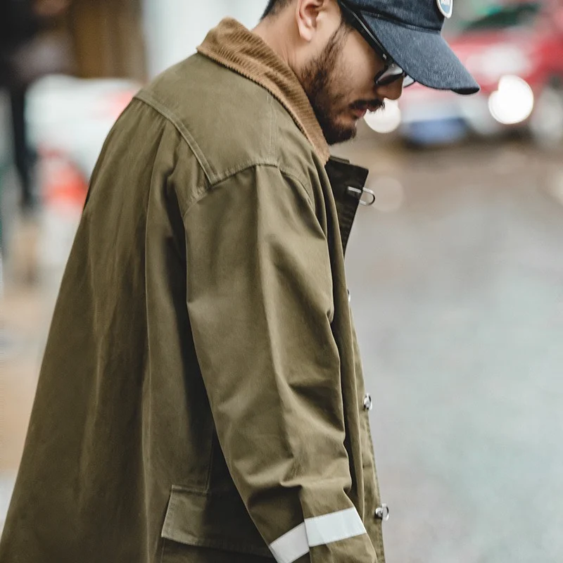 Maden Retro American Workwear Windbreaker Men's Long Overcoat Autumn Winter Outerwear Reflective Strip Trendy Coat
