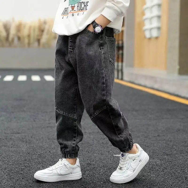 2026 New Boys Jeans Spring Autumn Teenage Fashion Splicing Slim Fit Style Long Denim Pants For 3-12 Years Kids Children Trousers