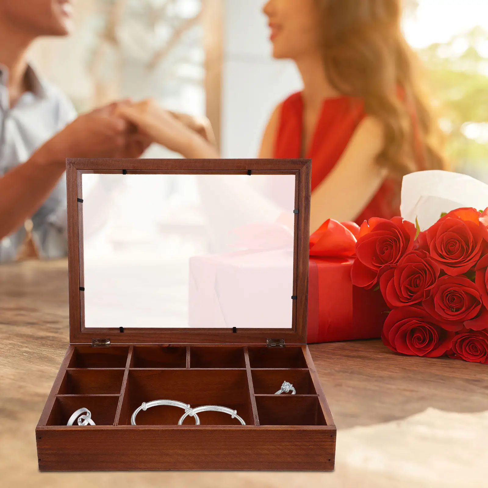 

Ретро-шкатулка для украшений из дерева с прозрачной крышкой, органайзер с несколькими отделениями для колец, серег, ожерелий, для путешествий и домашнего декора