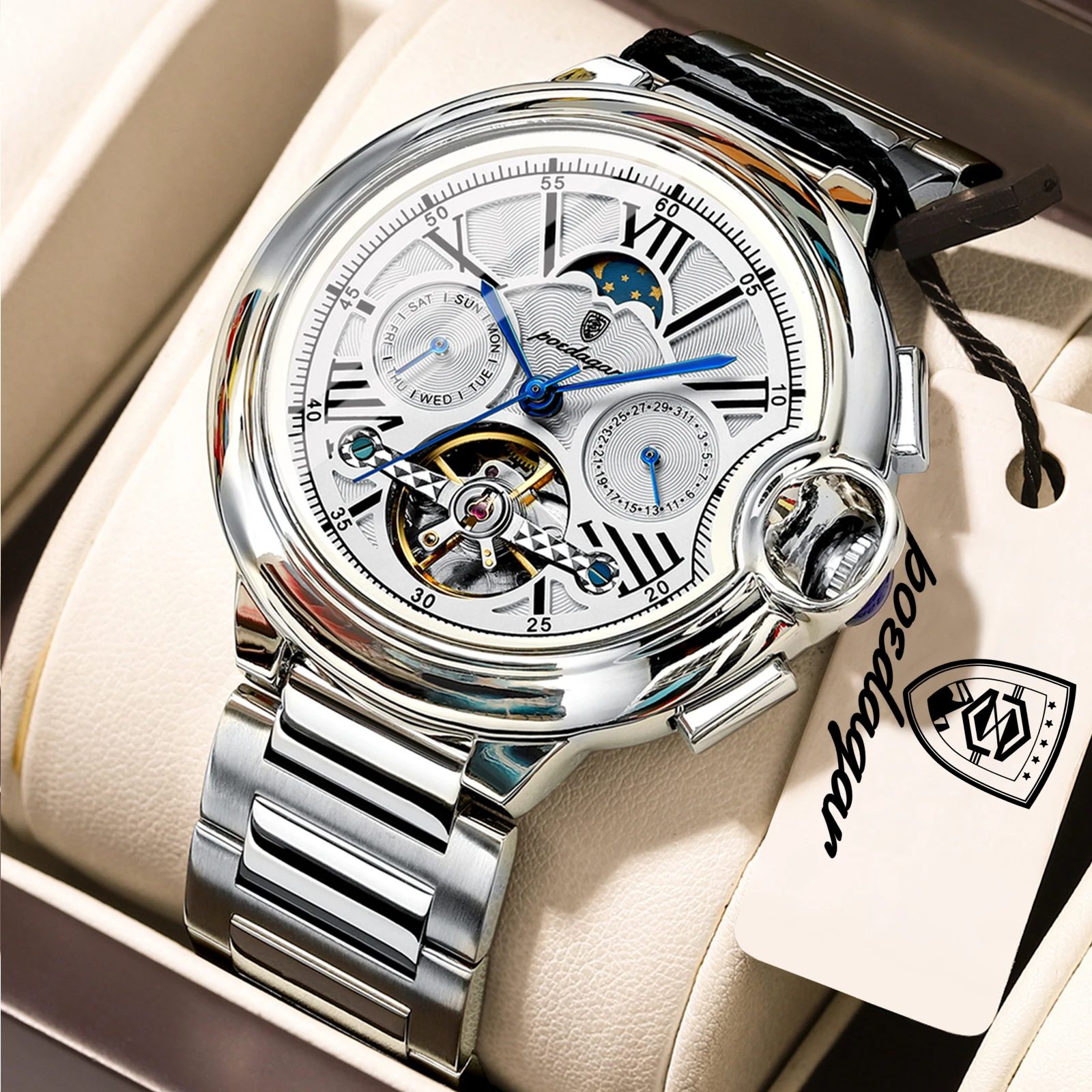 POEDAGAR Luxury Male Watch Business Date Week Stainless Steel Tourbillon Men Clock Waterproof Automatic Mechanical Men's Watches