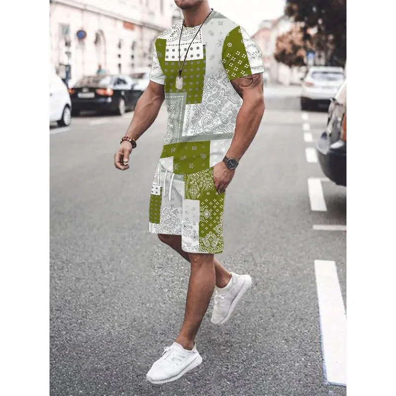 2025 Summer Men's Casual 3D Digital Printed 2-piece Set Short Sleeve Round Neck T-shirt Sports Shorts Outdoor Wear