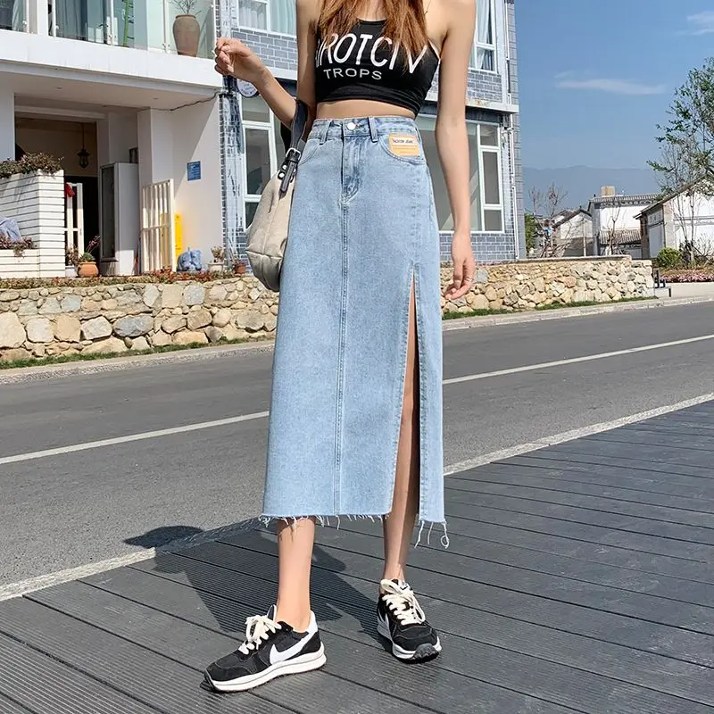 여성 빈티지 데님 솔리드 미디 기장 스커트 2025 여름 우아한 캐주얼 A라인 사이드 슬릿 코튼 여성 의류 신상 드레스