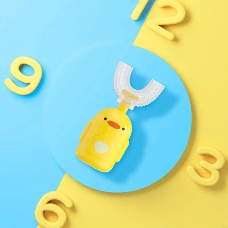 Q22D Cartoon Duck Baby Children Ceprush dientes 360 grados Cepillo dientes en forma U Teether Silicona suave Baby