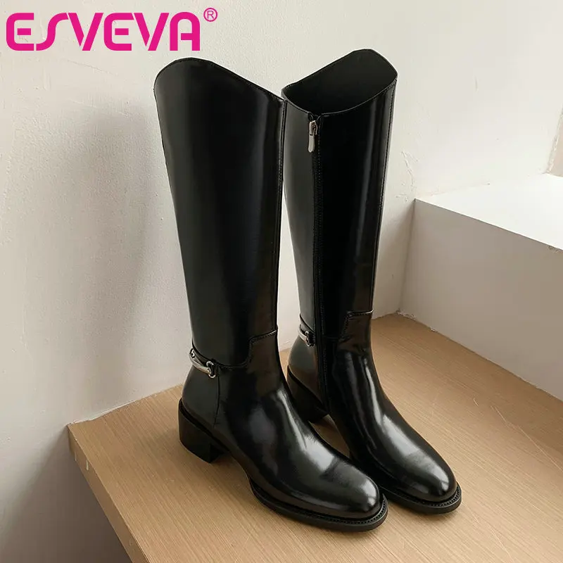 

ESVEVA 2025 round toe thick heel leather high top women's boots, metal buckle decoration fashionable women's boots, sizes: 34-39