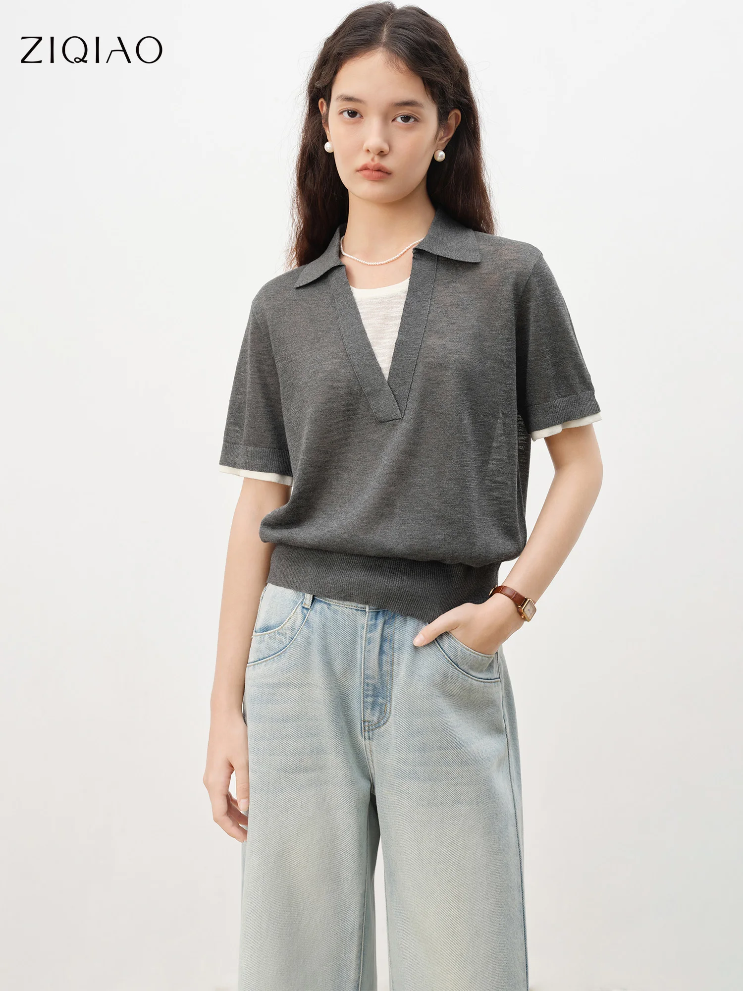 ZIQIAO 2025 Summer Women's Petite-Elongating Polo Knit Top - Layered Collar & Breathable Cotton Blend for Timeless Elegance