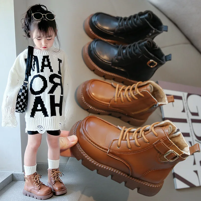 2024 nuove ragazze stivali neri antiscivolo inverno bambini moda Versatile morbido stile britannico Cool Brown Princess Short Boots