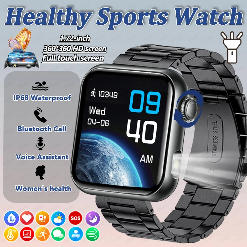 

2025 Новые умные часы для здоровья, 1,72 дюйма, HD-экран, голосовой помощник, IP68, водонепроницаемые, кислород в крови, пульс, SOS-фонарик, умные часы