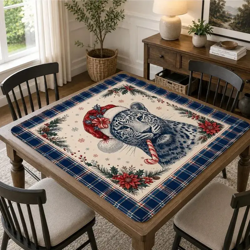 VIKAMA Christmas Mahjong Mat Dark Blue Skeleton Santa Hat Wine Glass Black Cat Print Non Slip For Living Room Game Night Decor