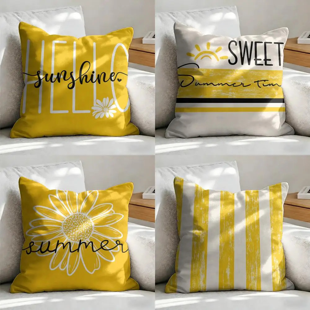 Hello Summer Sunshine Cushion Cover Soft Short Plush Pillow Cover Smooth Cozy Texture Aesthetic Cushion Case Home Decor