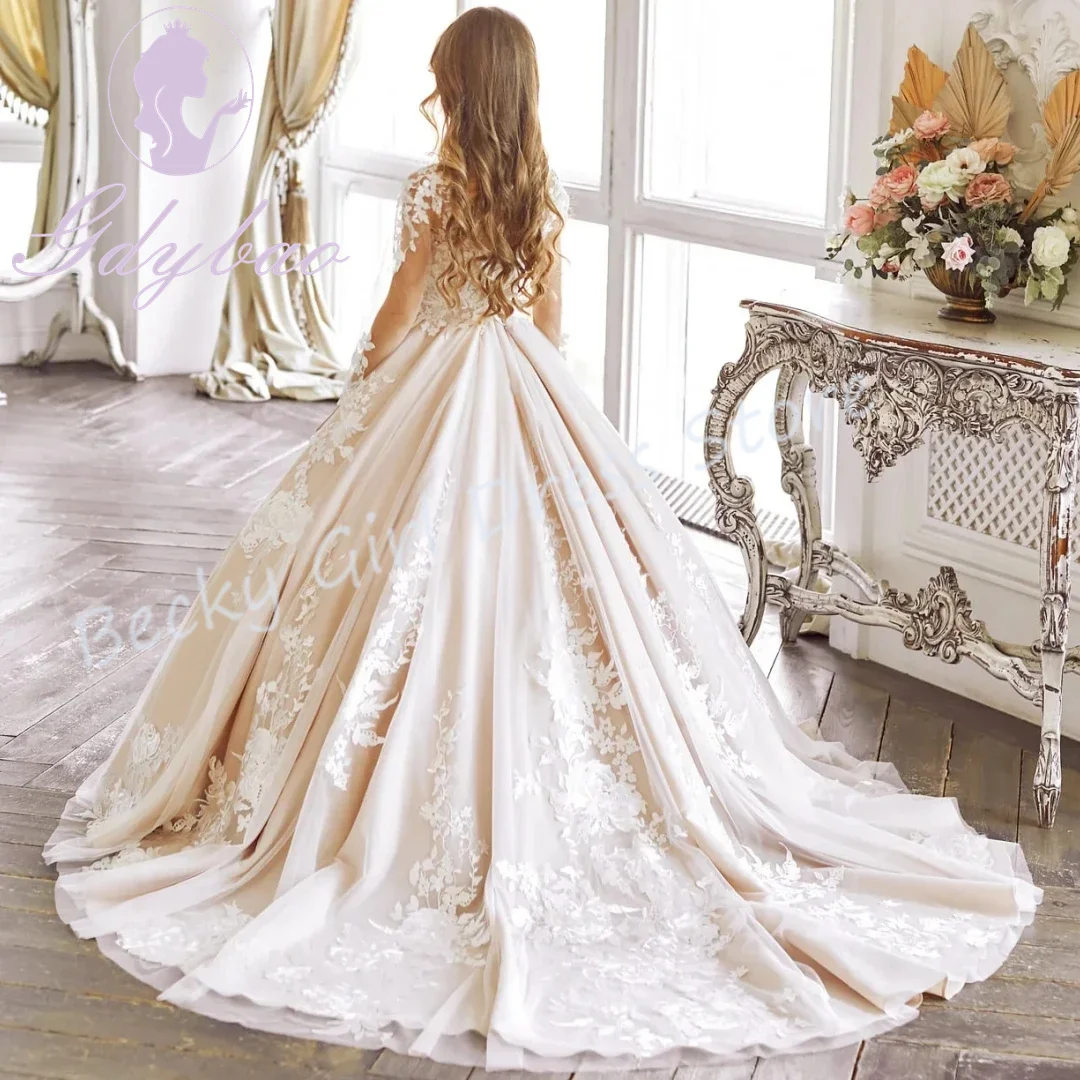 Индивидуальные платья цвета слоновой кости для девочек-цветочниц на свадьбу, атласные аппликации длиной до пола, платье Quinceanera для первого причастия, выпускного вечера