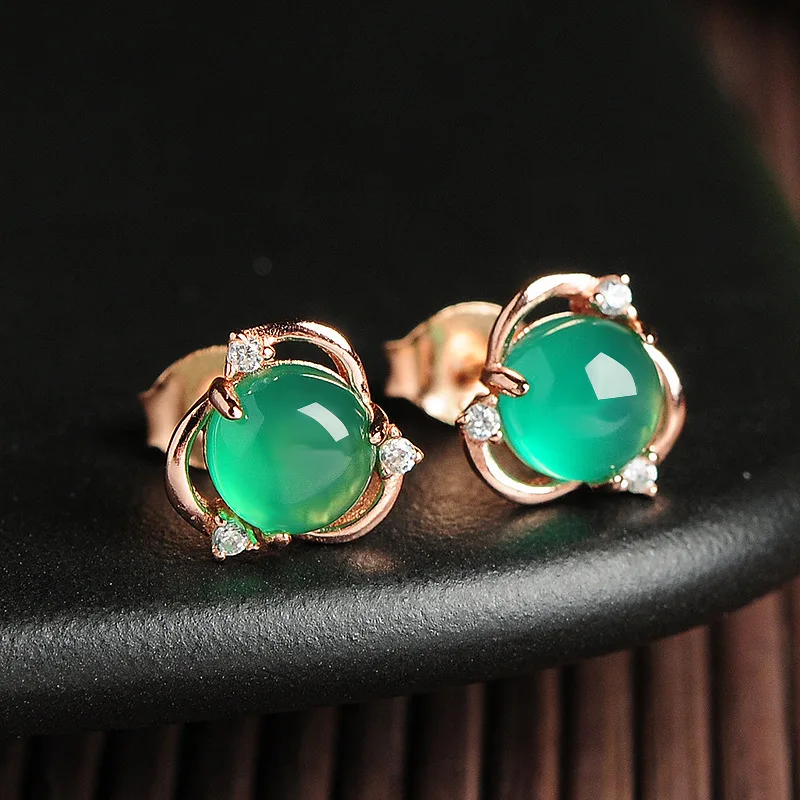DIY accessories Tmall hot-selling 925 silver-plated inlaid synthetic ice-transparent chalcedony egg surface pattern stud earring