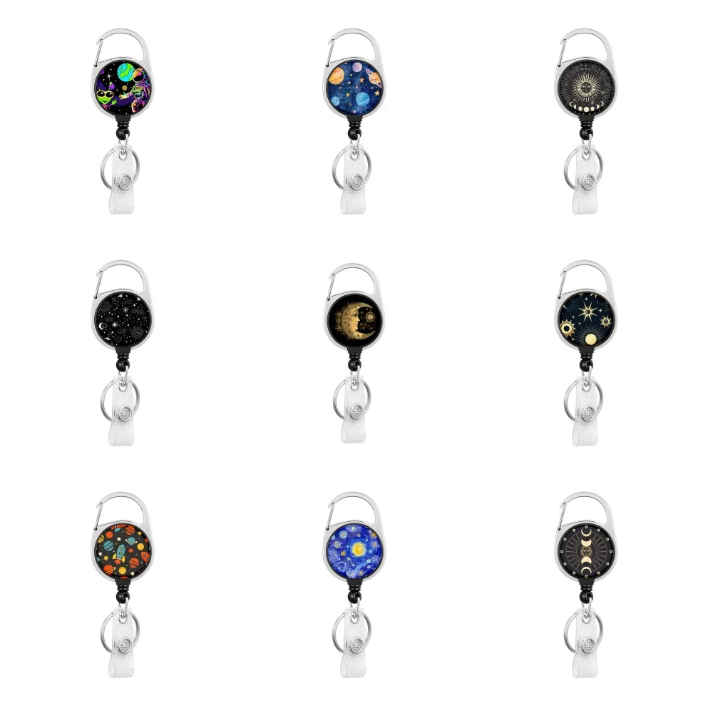 Hot selling circular starlit sky pattern Easy disassemble Zinc alloy badge automatic scroll easy pull buckle keychain H1205