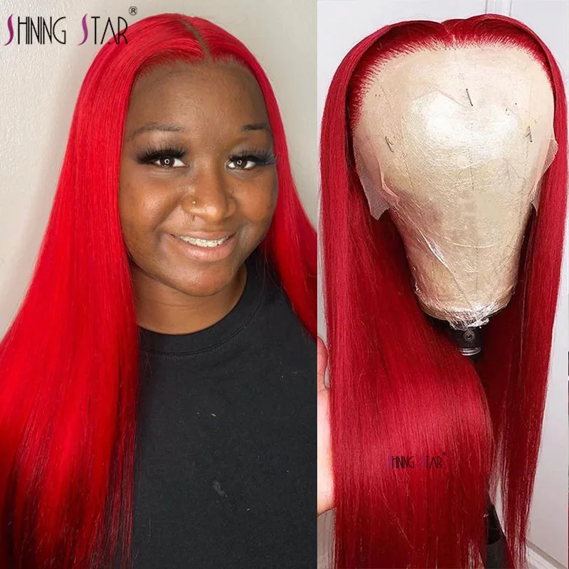 Hot Red Color Lace Front Human Hair Wigs Straight13X4 Transparent Lace Frontal Wig Burgundy 99J Remy Human Hair Pre Plucked 180%