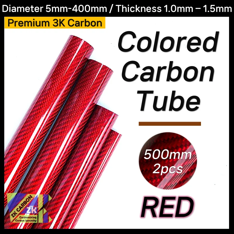 2pcs/lot 500mm Red Colored Carbon Fiber Tube OD 5-30mm For RC Airplane Parts Glossy Twill Carbon Tube 3K Material