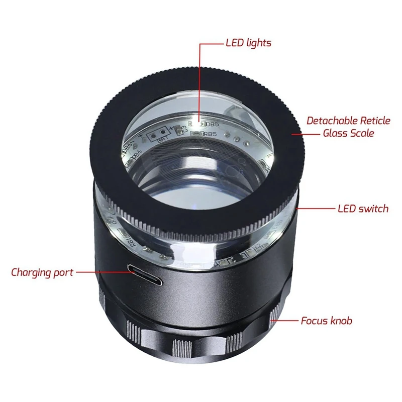 10X Rechargeable Magnifier with Optical Glass Lens with Removable Multi-Function Scale with LED Light for Coinsand Stamp