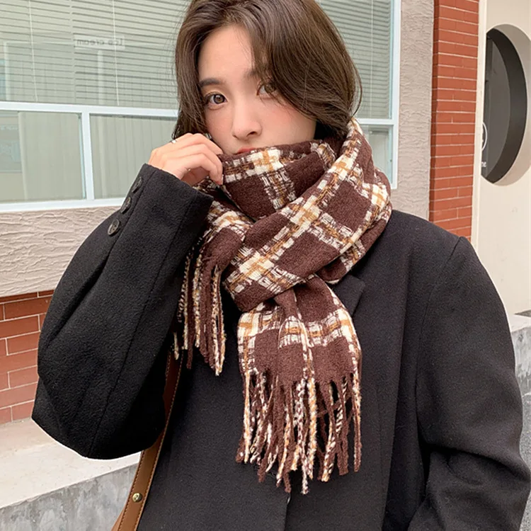 

Maikun Warm Plaid Scarf Woman Thick Versatile Winter Student Couple Fringed Bib