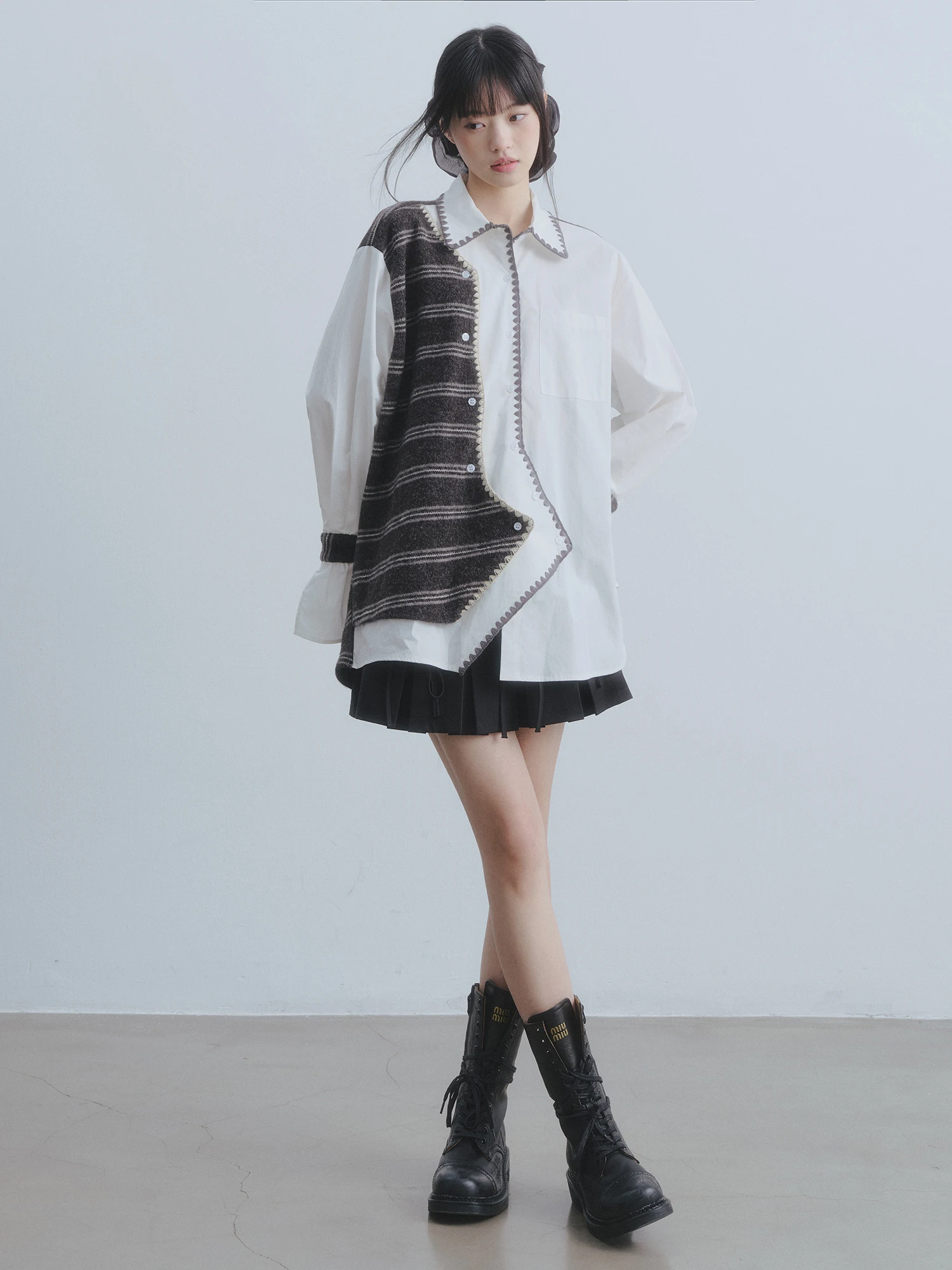 

Женская асимметричная шерстяная блузка-рубашка в стиле пэчворк с длинными рукавами для повседневной носки