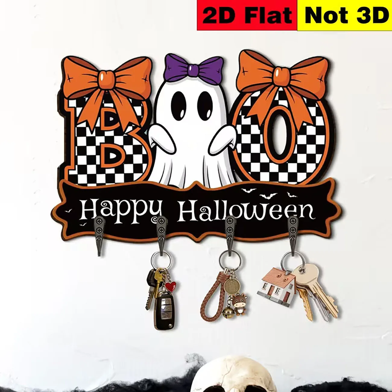 Wooden Halloween Boo Ghost Key Holder Wall Decor 2D Flat Print Wall Mount Key Rack for Entryway Home Decoration