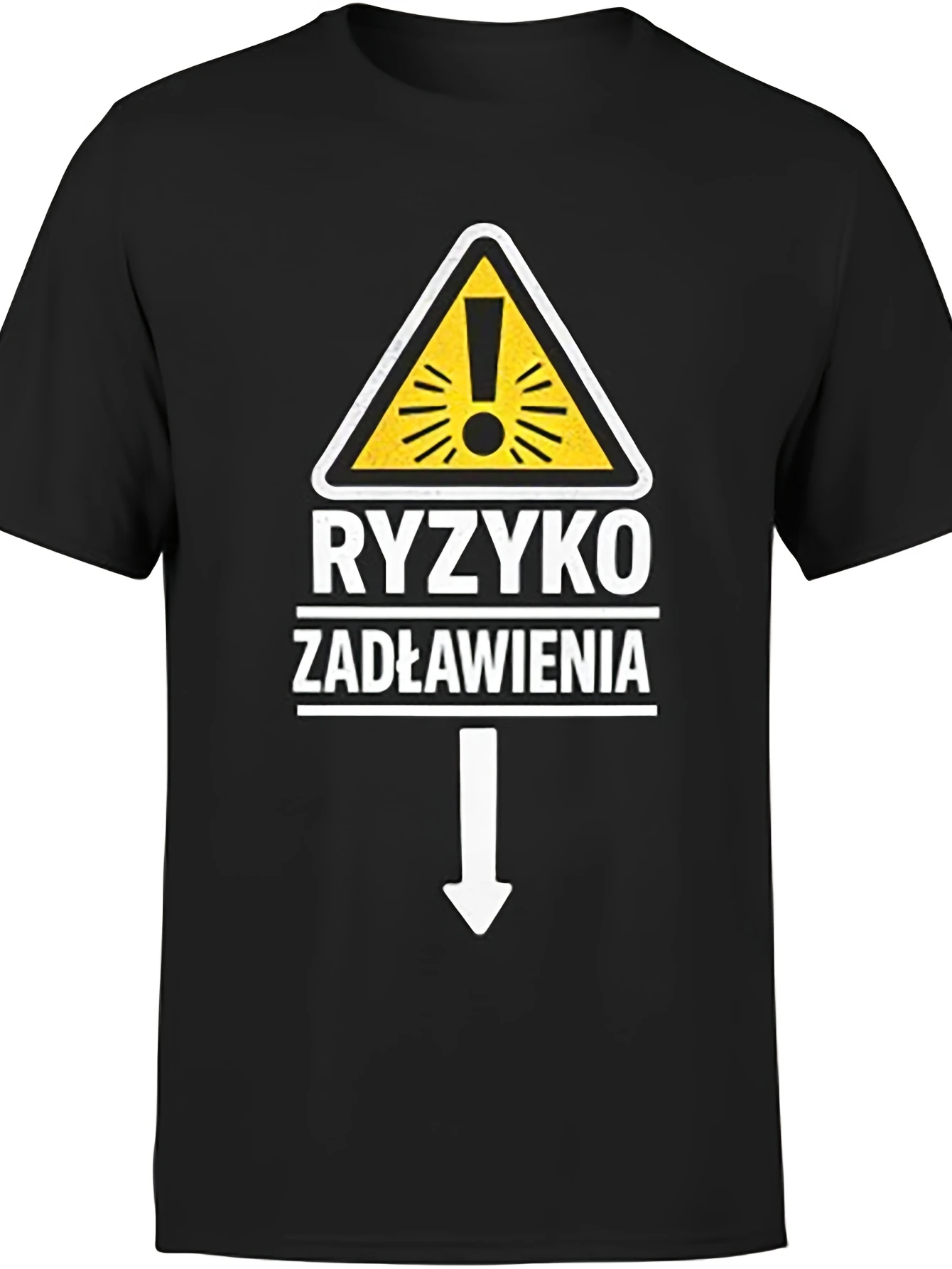 Black T-Shirt with Risk of Choking Warning Sign and Text in Polish for Men Women and Unisex Wear Perfect for Casual