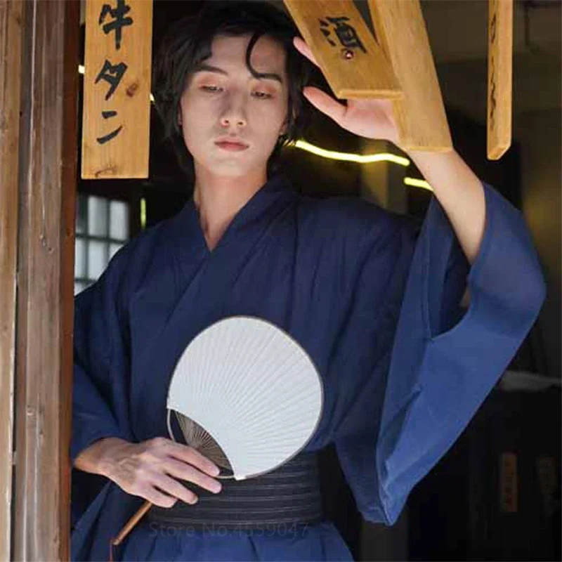 Cotton Japanese Kimono Haori Sleepwear for Samurai Men Haori Yukata Obi Clothing Set Traditional Yukata Pajamas Nightgown Jinbei