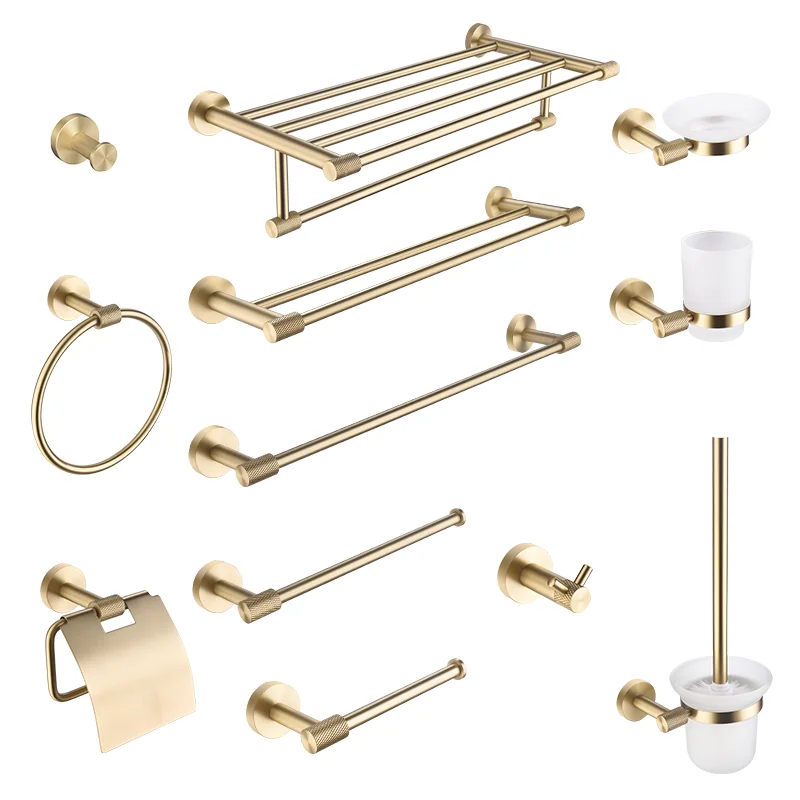 Brushed Gold Wall Mounted Towel Holder Toilet Roll Paper Holder Robe Hook Soap Dispenser Toilet Brush Bathroom Hardware Set